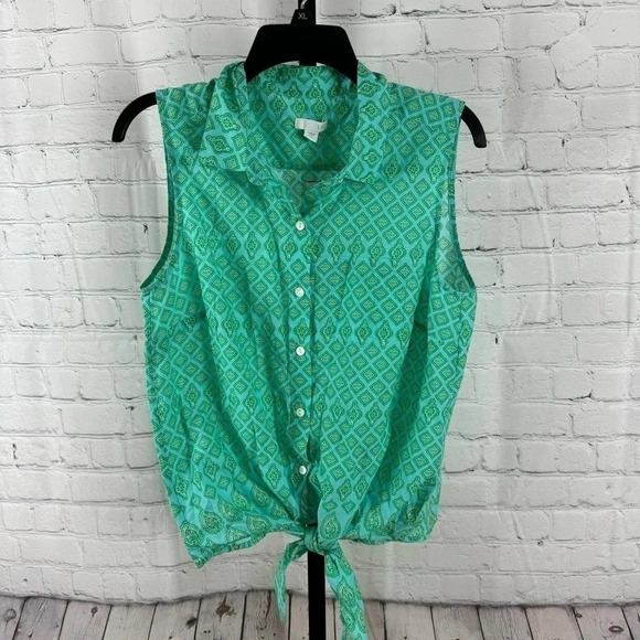 J. Jill Blue Green Geometric Button Up Tie Tank Size Medium Petite - Picture 1 of 10